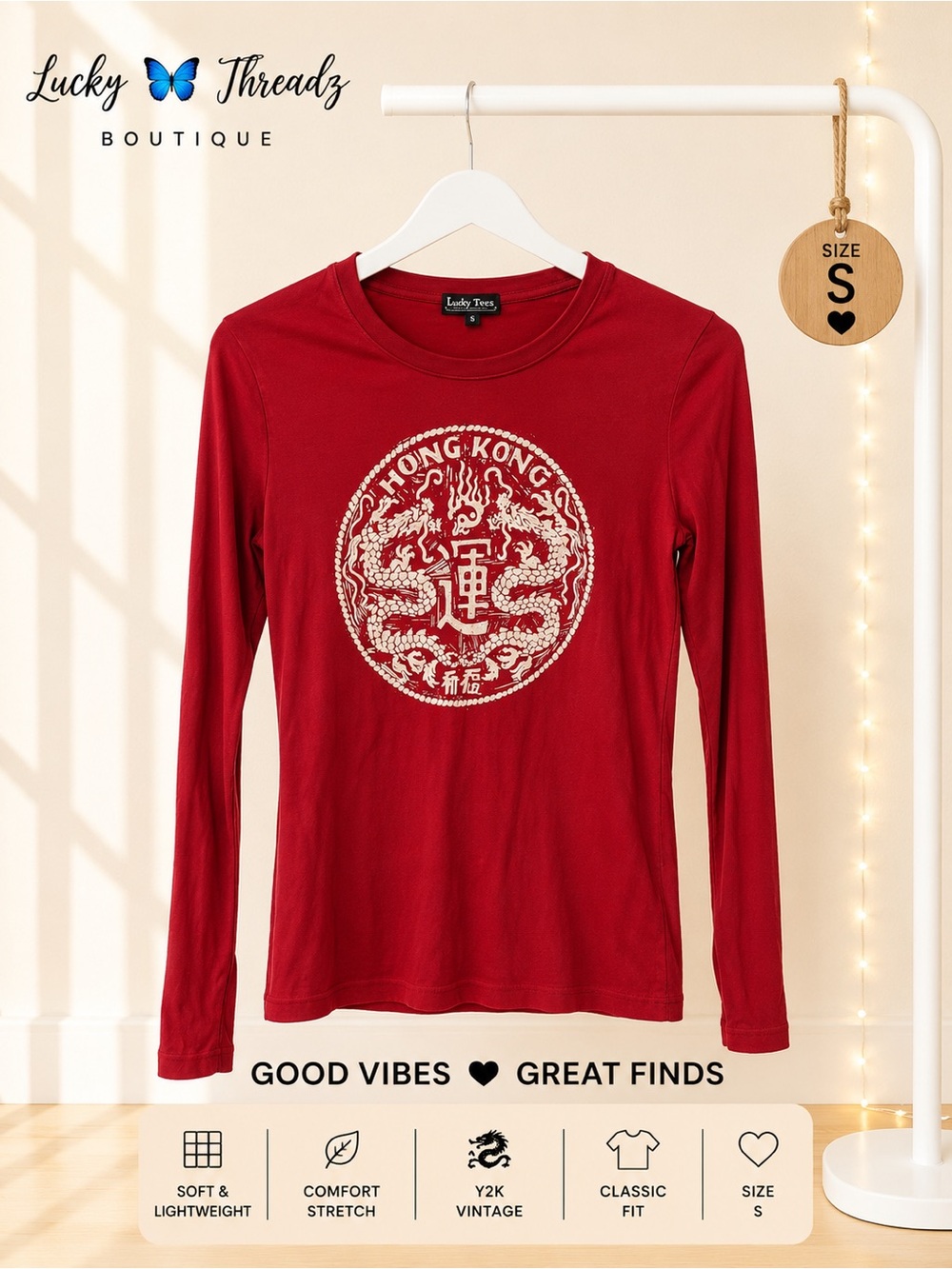 Y2K Hong Kong Dragon Graphic Long Sleeve Tee S - Red